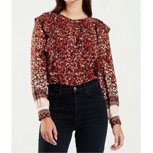 Marie Oliver Brown Cream Baker Blouse in Floral Scarf Sz XS